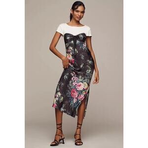 By Anthropologie Twofer Midi Slip Dress Black Floral Silky White T-Shirt Size XS